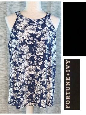 Fortune + Ivy blue and white floral sleeveless blouse.